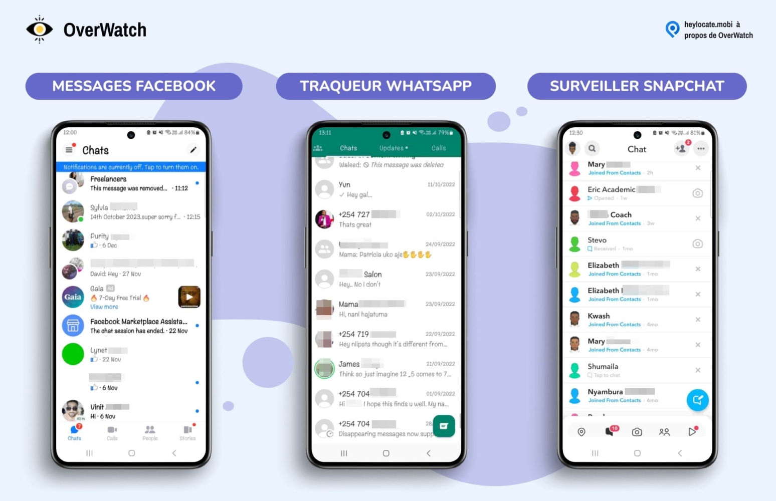Les capacités de suivi des médias sociaux d'Overwatch, montrant les interfaces de suivi des messages Facebook, des activités WhatsApp et Snapchat.