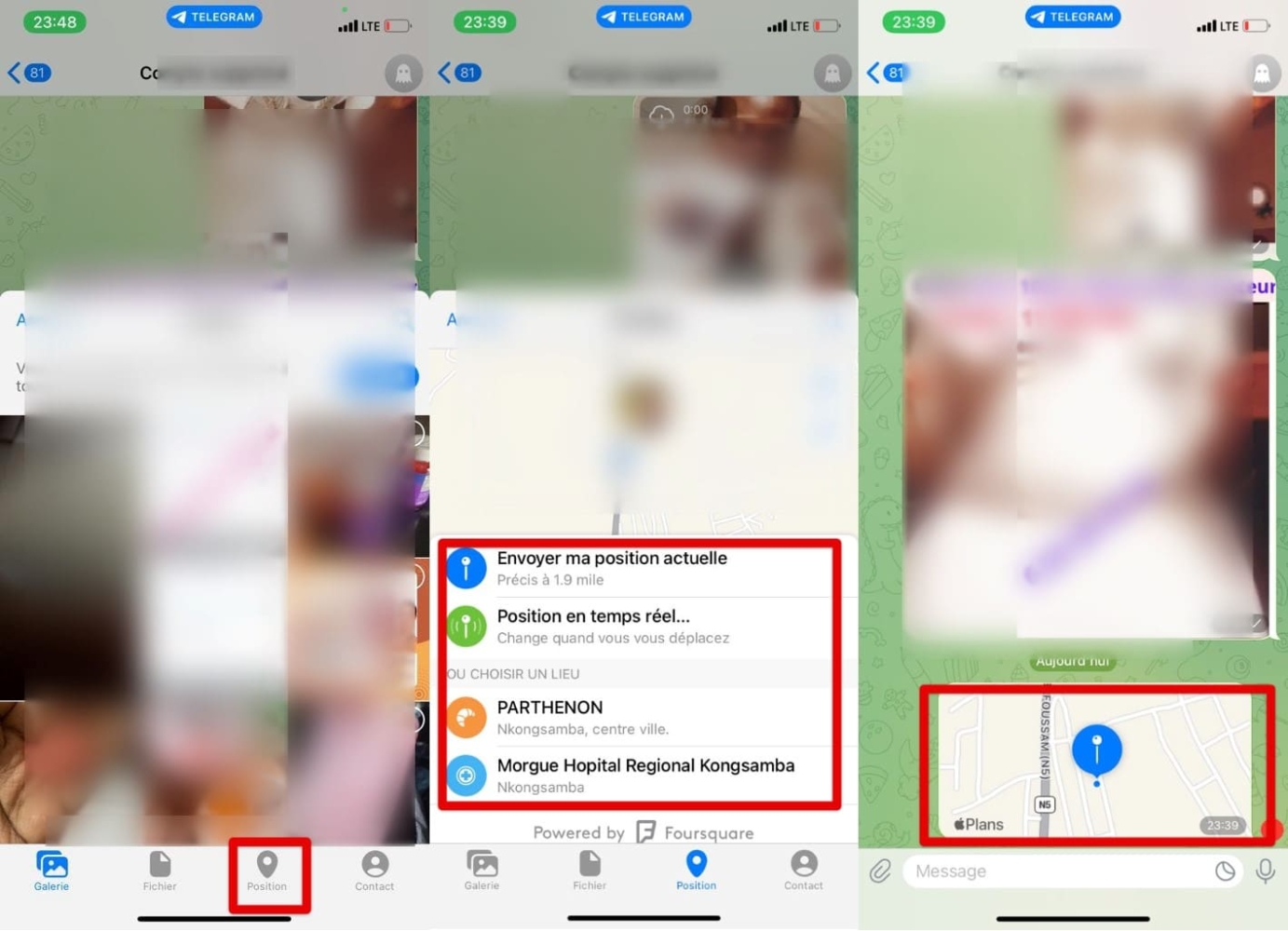 Captures d'écran du partage de votre position sur Telegram