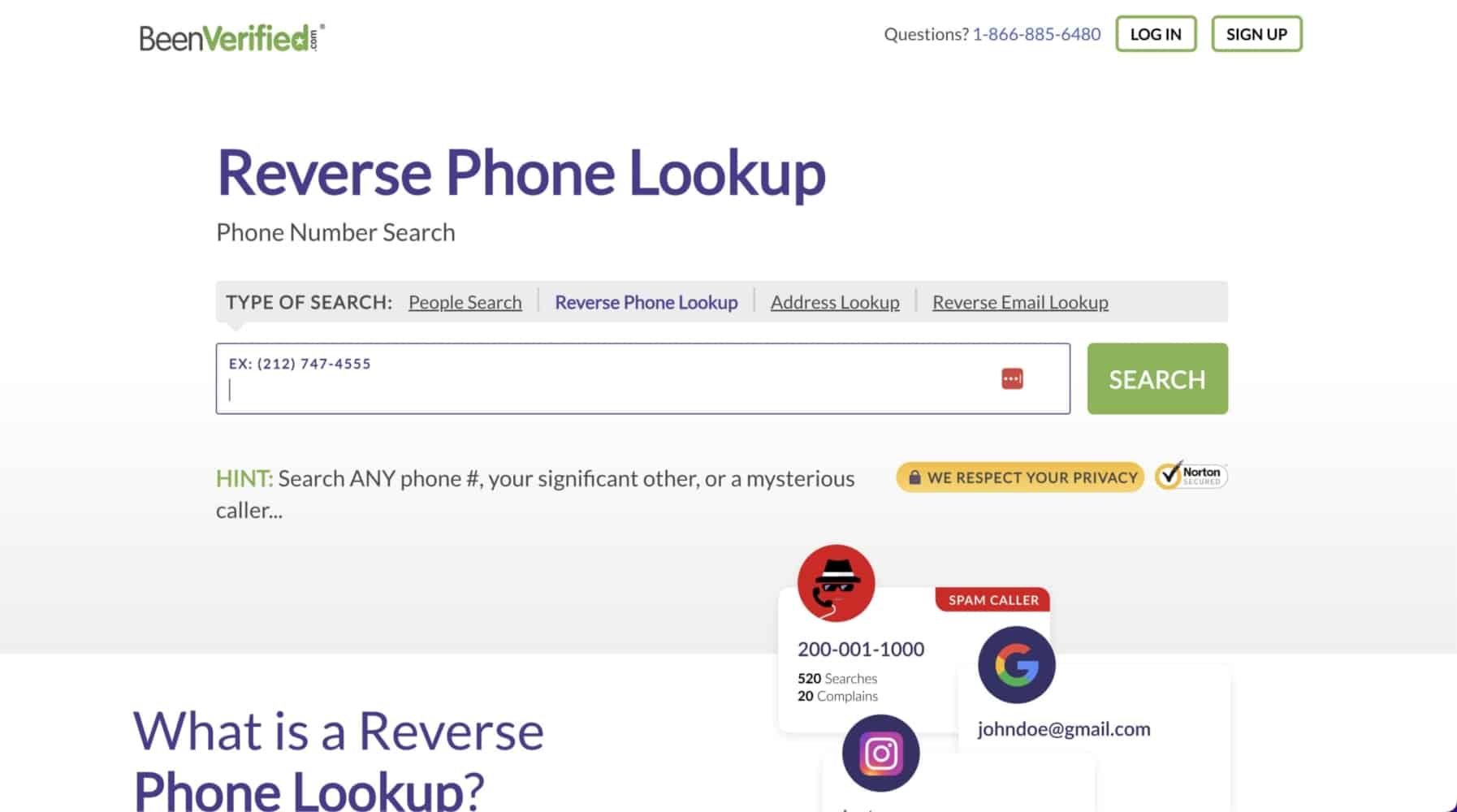 Une vue du site web de BeenVerified où vous pouvez entrer un numéro de téléphone à rechercher