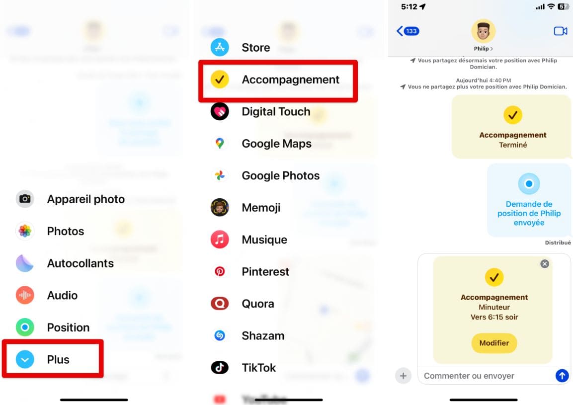 iPhone screenshots with steps on how to use Check in location feature on iMessage
