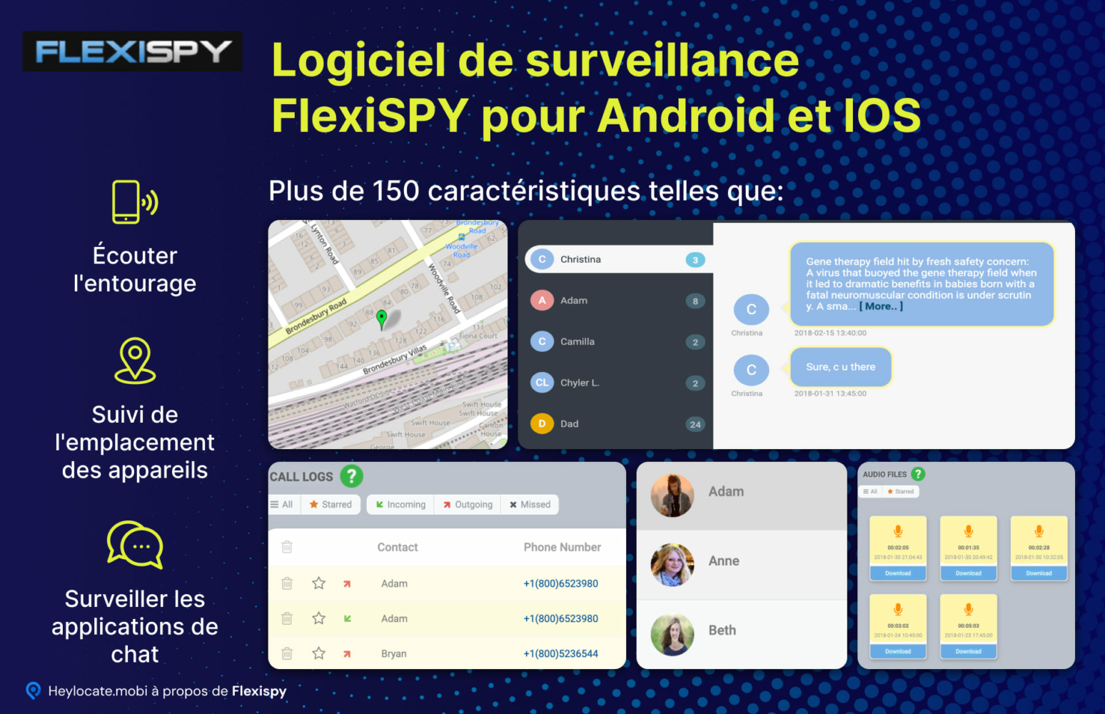 Un aperçu des fonctions de surveillance de FlexiSPY pour les appareils Android et iOS, mettant en évidence des capacités telles que l'écoute de l'environnement, le suivi de l'emplacement de l'appareil et la surveillance de diverses applications de chat, avec des exemples visuels de l'interface du logiciel.