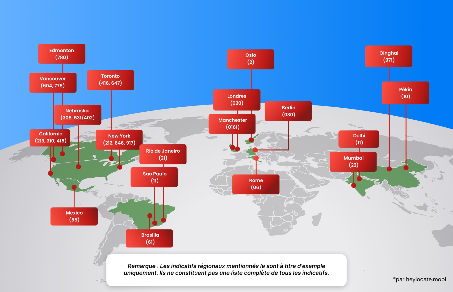 Carte du monde illustrée mettant en évidence les différents indicatifs de zone mondiaux pour les villes et les régions, expliquant le concept d'un indicatif de zone