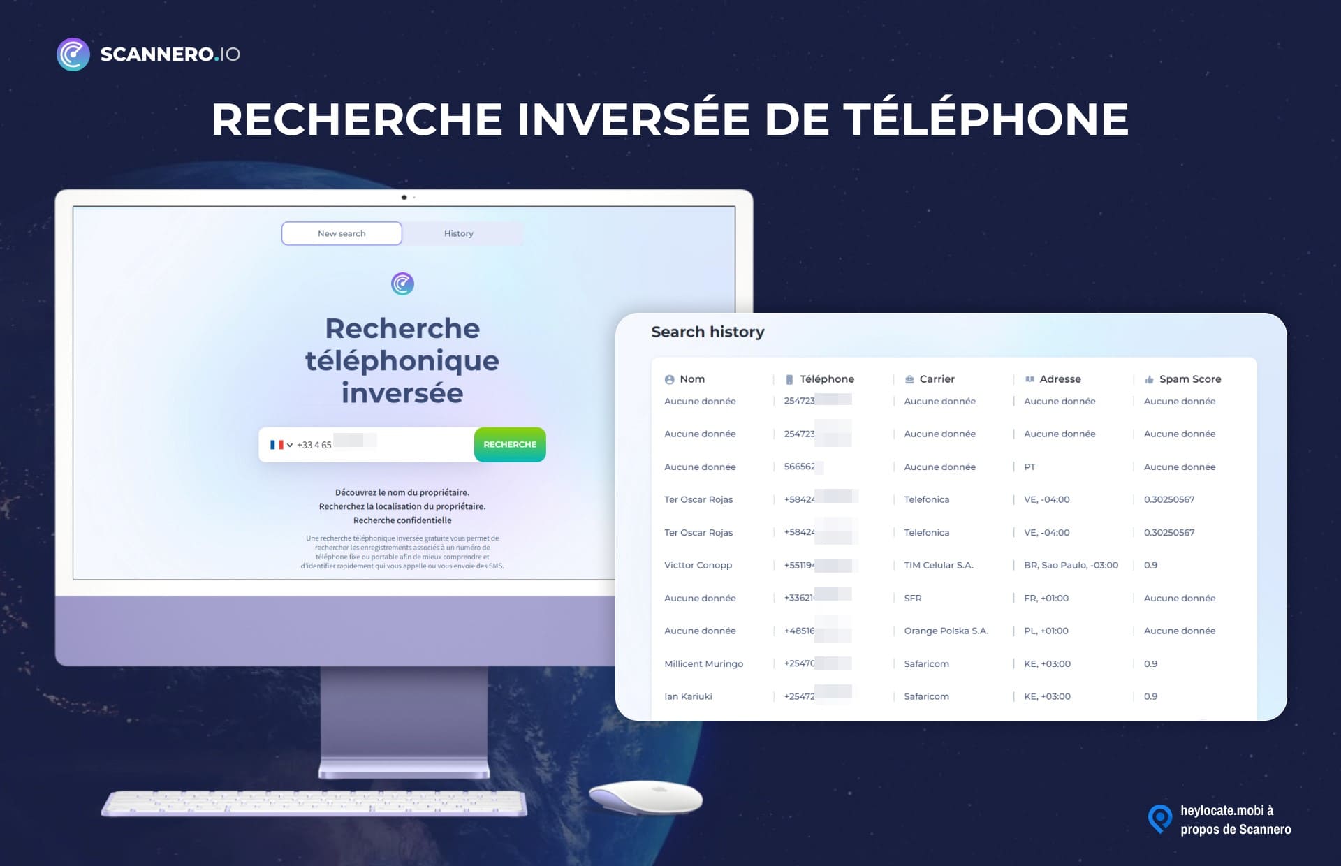 Écran d'ordinateur affichant la fonction de recherche inversée de numéros de téléphone de Scannero.io, avec une barre de recherche et un onglet d'historique de recherche montrant les demandes et les résultats précédents.