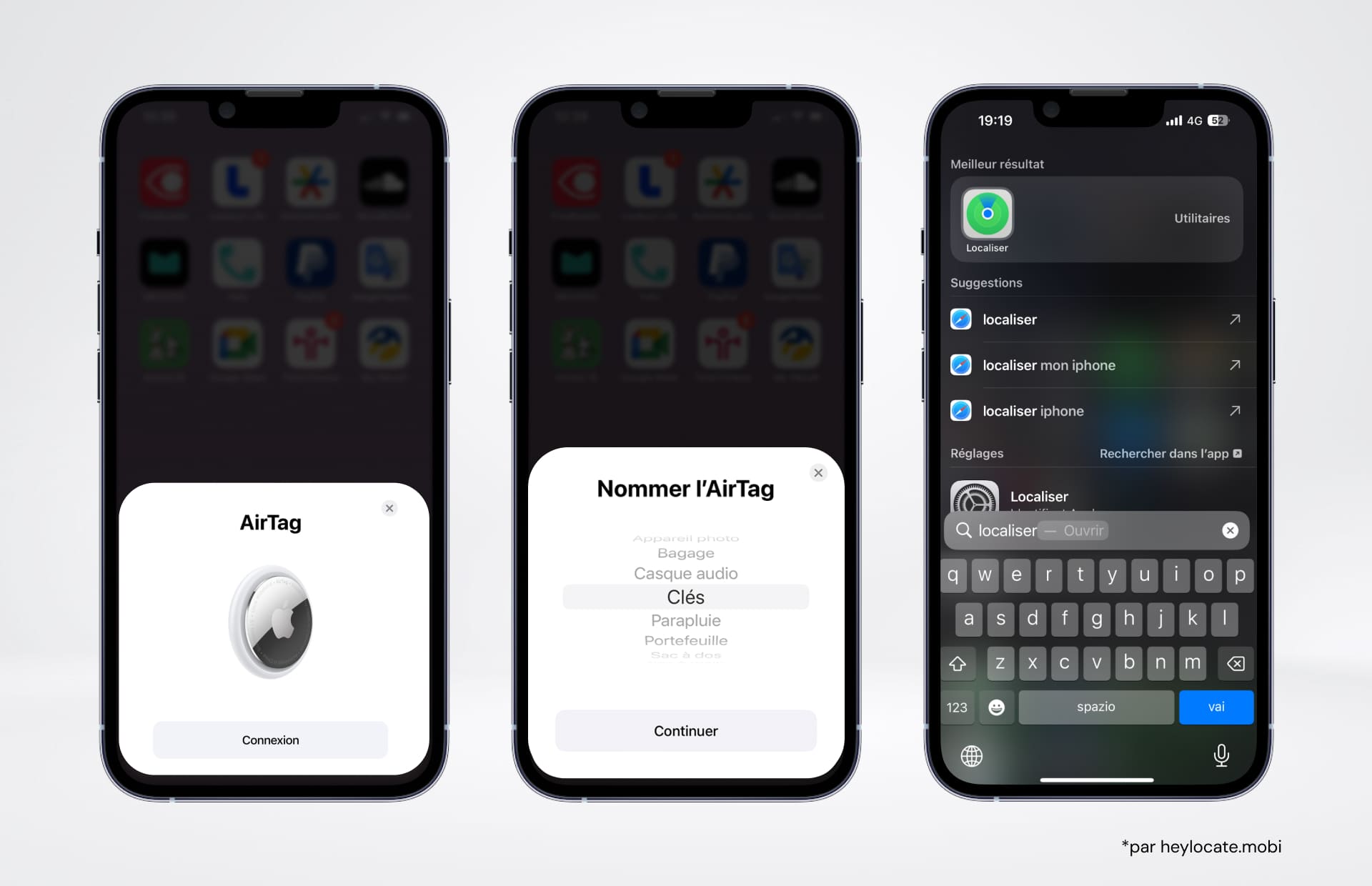 Trois iPhones montrant différentes étapes de l'utilisation de l'Apple AirTag. Le premier montre la connexion à l'AirTag, le deuxième montre l'interface de dénomination de l'AirTag, et le troisième montre l'entrée dans l'application Localiser