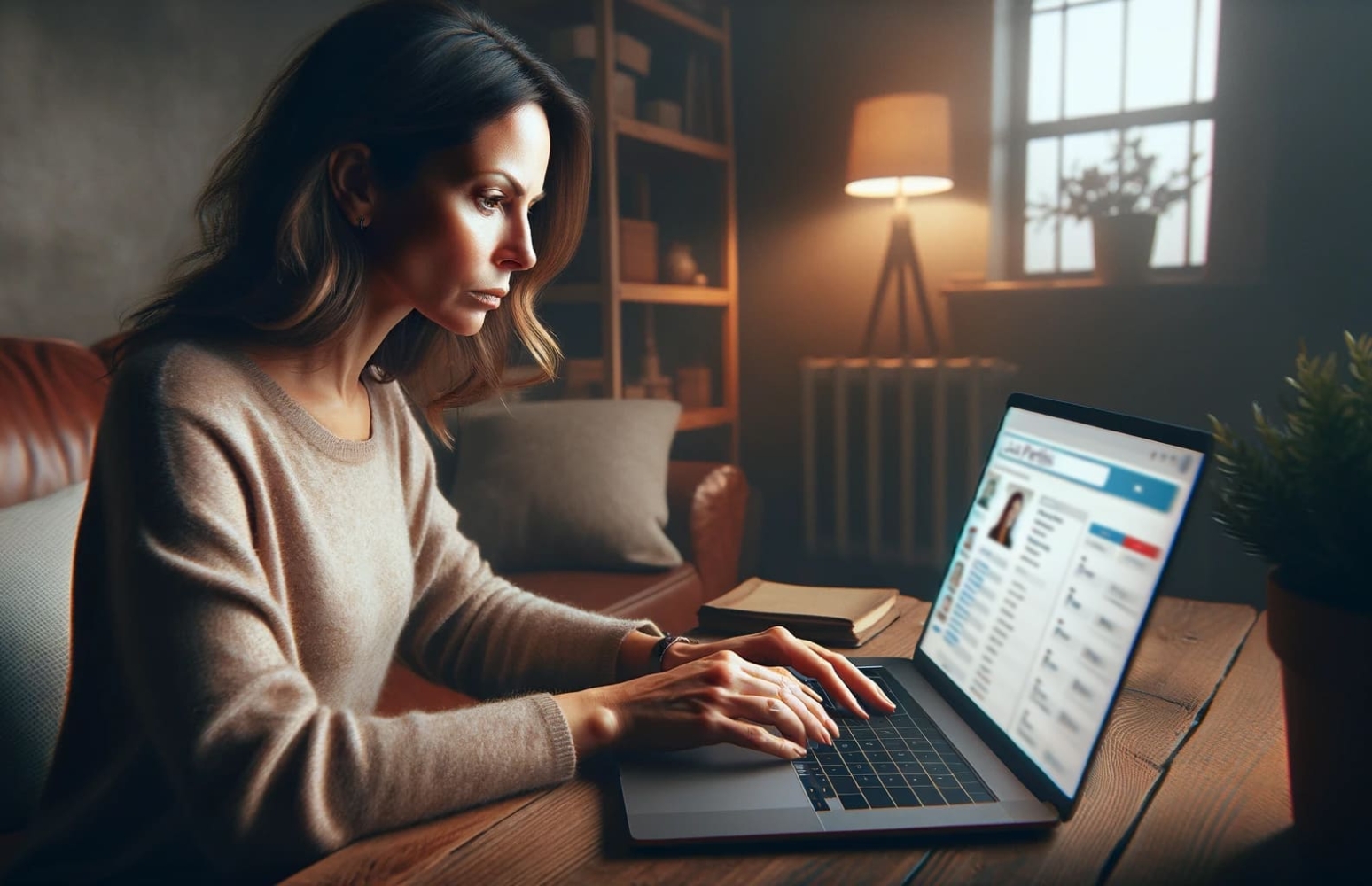 Une femme assise à son bureau dans un environnement domestique, concentrée sur les profils d'utilisateurs sur son ordinateur portable, regardant l'écran où une application mobile de recherche de personnes est ouverte