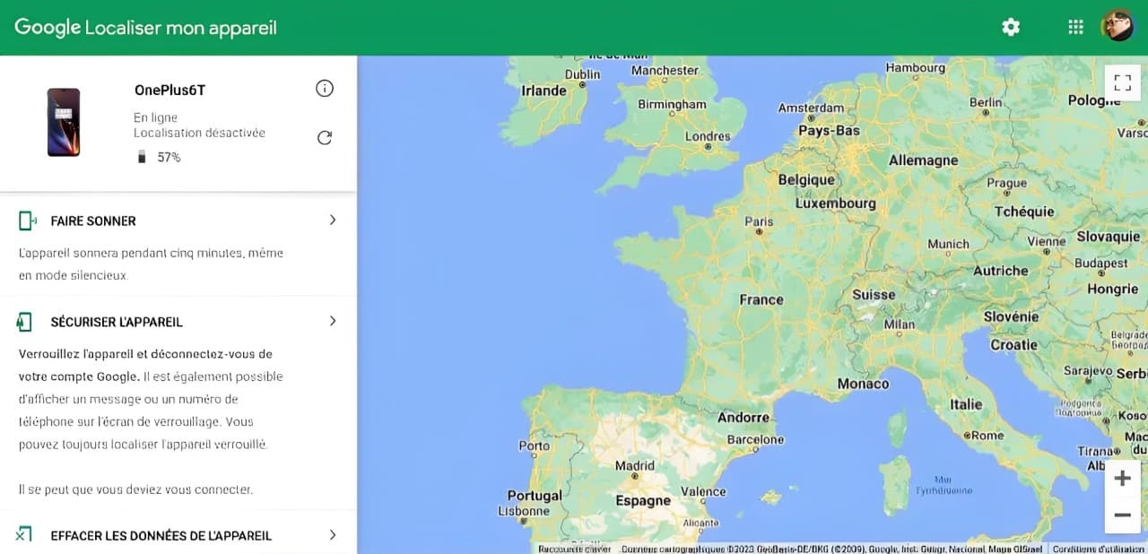 Image de Google Localiser Mon Appareil en train d’essayer de se connecter à une téléphone OnePlus