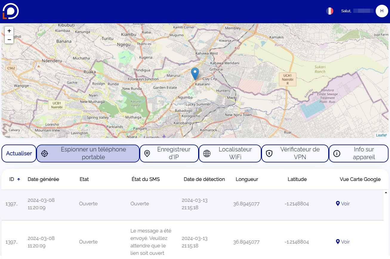 Vue du site Locationtracker.mobi montrant des informations avec le résultat d'une recherche via la fonction GPS tracker