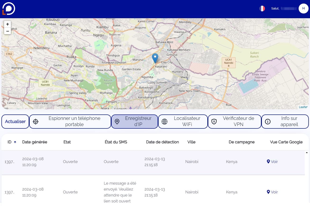 Vue du site Locationtracker.mobi montrant des informations avec le résultat d'une recherche via la fonction IP Logger