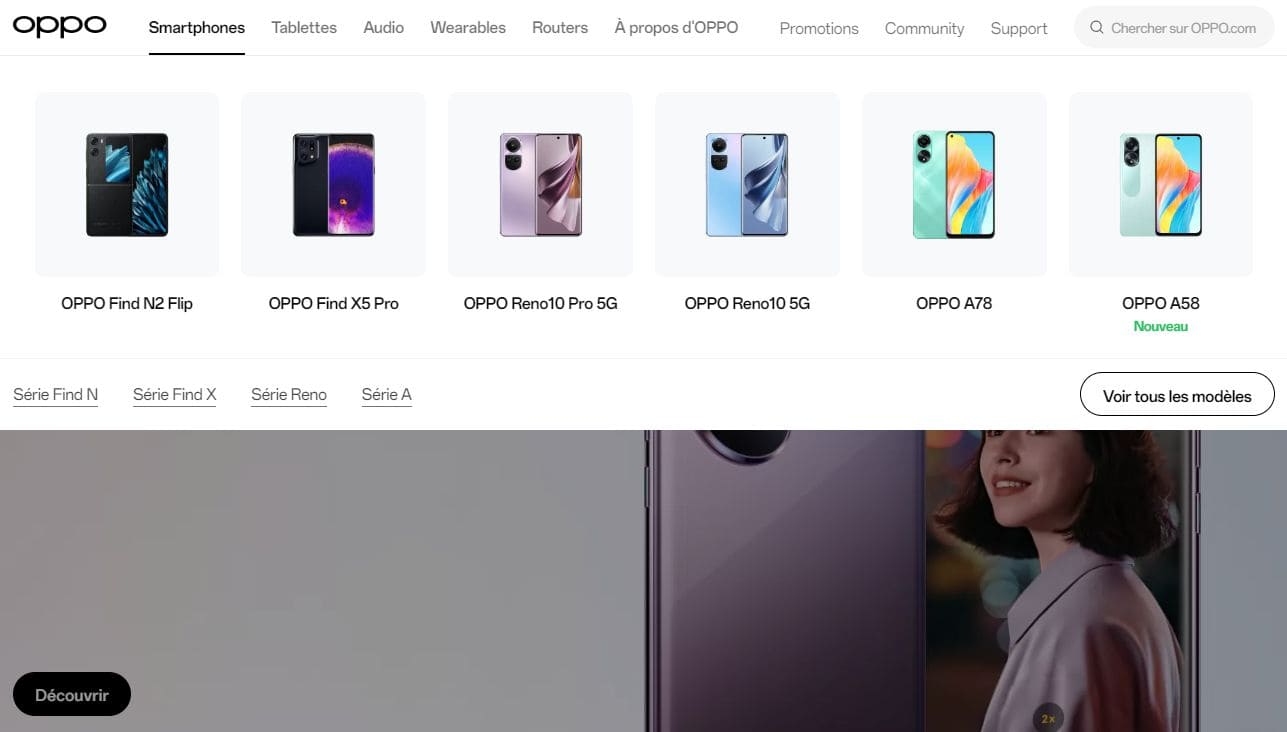 Vue de la page d'accueil du site oppo.com et transition vers les smartphones