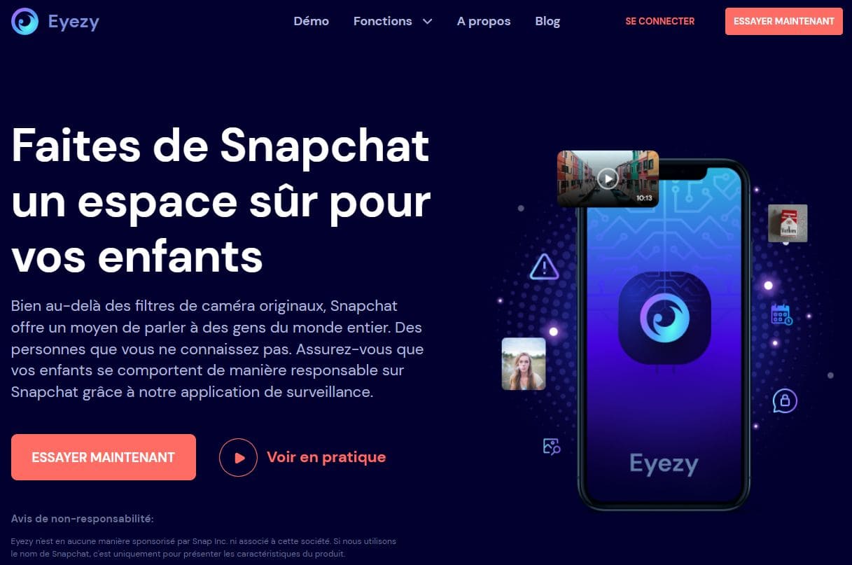 Image du site web d'Eyezy avec des informations et des fonctionnalités de suivi de Snapchat