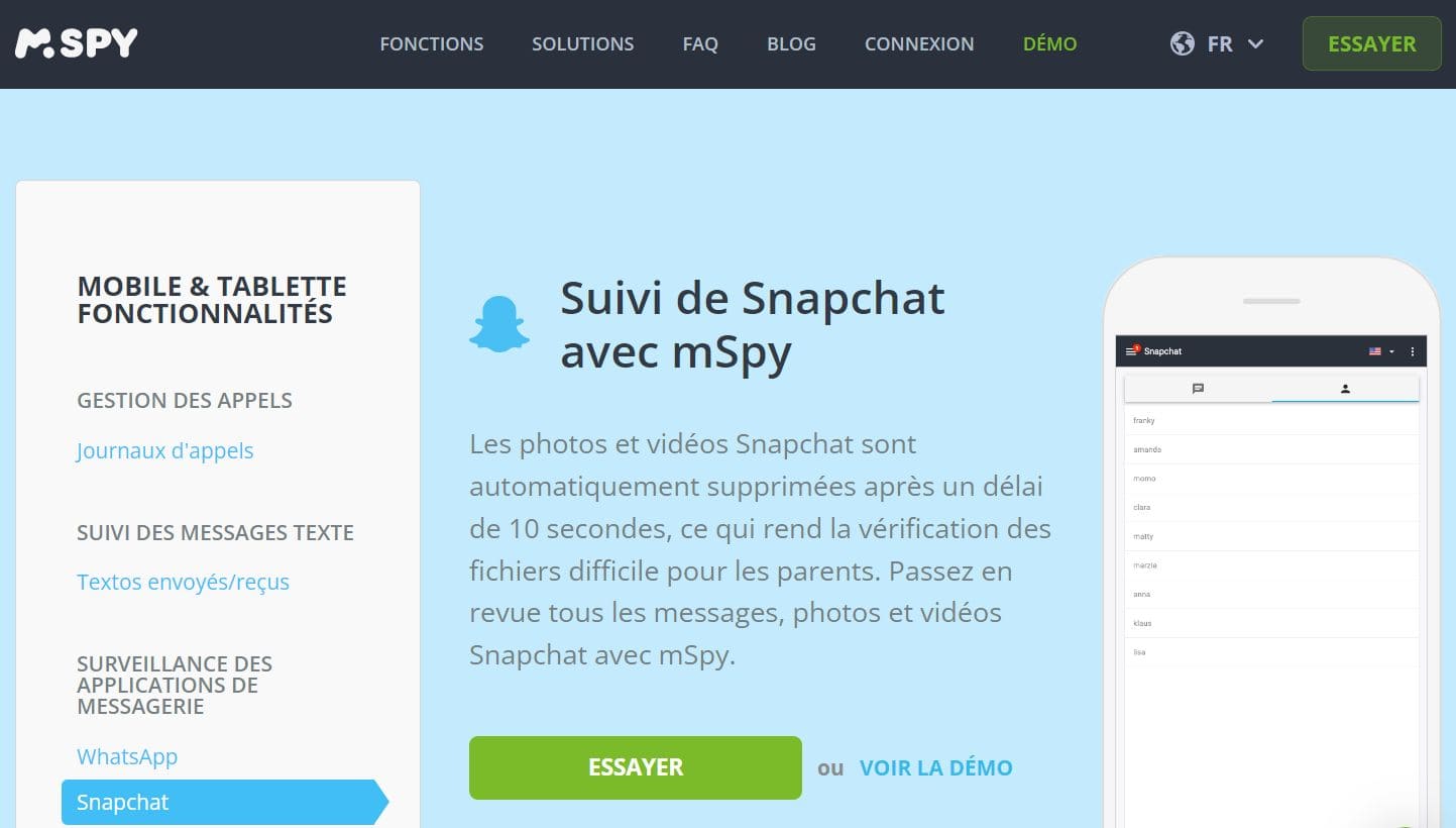 Image du site web de mSpy avec des informations et des fonctionnalités de suivi de Snapchat
