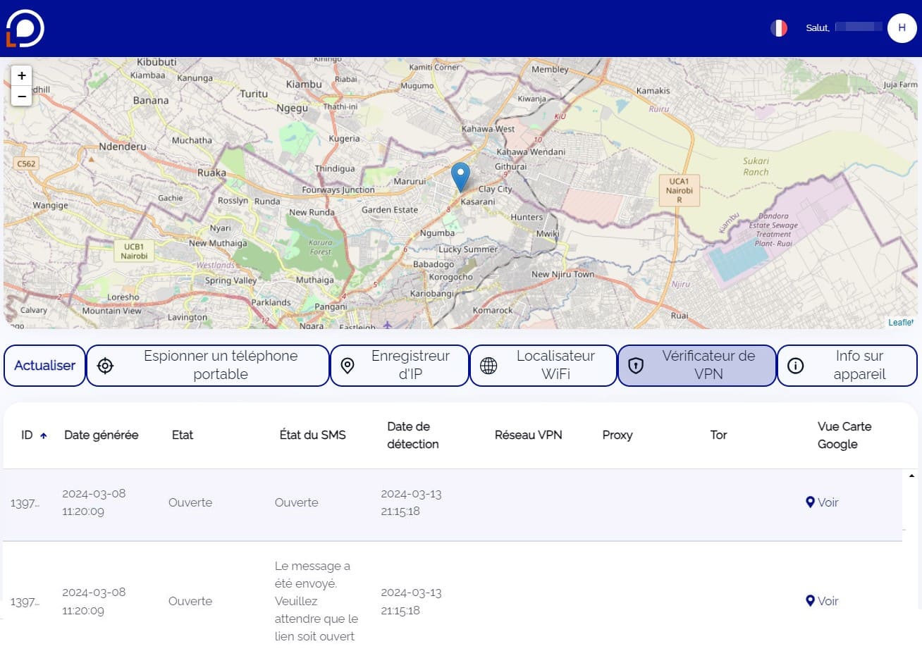 Vue du site Locationtracker.mobi, montrant les informations avec le résultat de la recherche via la fonction VPN tracker