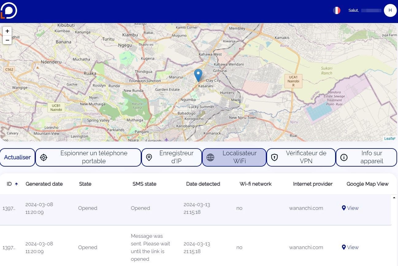 Vue du site Locationtracker.mobi montrant des informations avec le résultat d'une recherche via la fonction Wi-Fi tracker