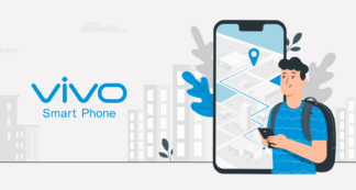Un homme regarde un smartphone avec une carte et un chemin de navigation affichés sur l'écran avec le logo du Smartphone Vivo.
