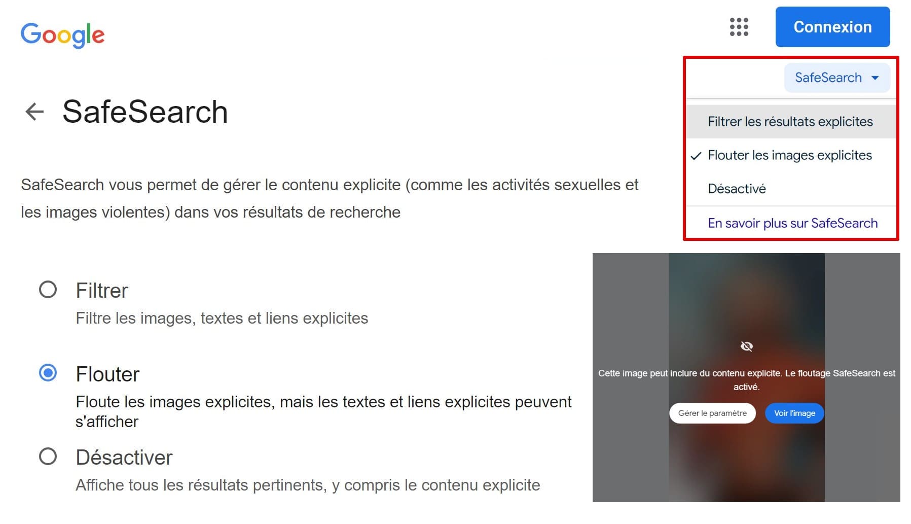 Capture d'écran montrant la page des paramètres SafeSearch de Google, avec des options permettant de filtrer et d'estomper les contenus explicites.