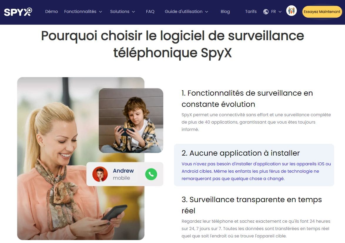 Capture d'écran de la page du site Web présentant les trois avantages de SpyX pour téléphone