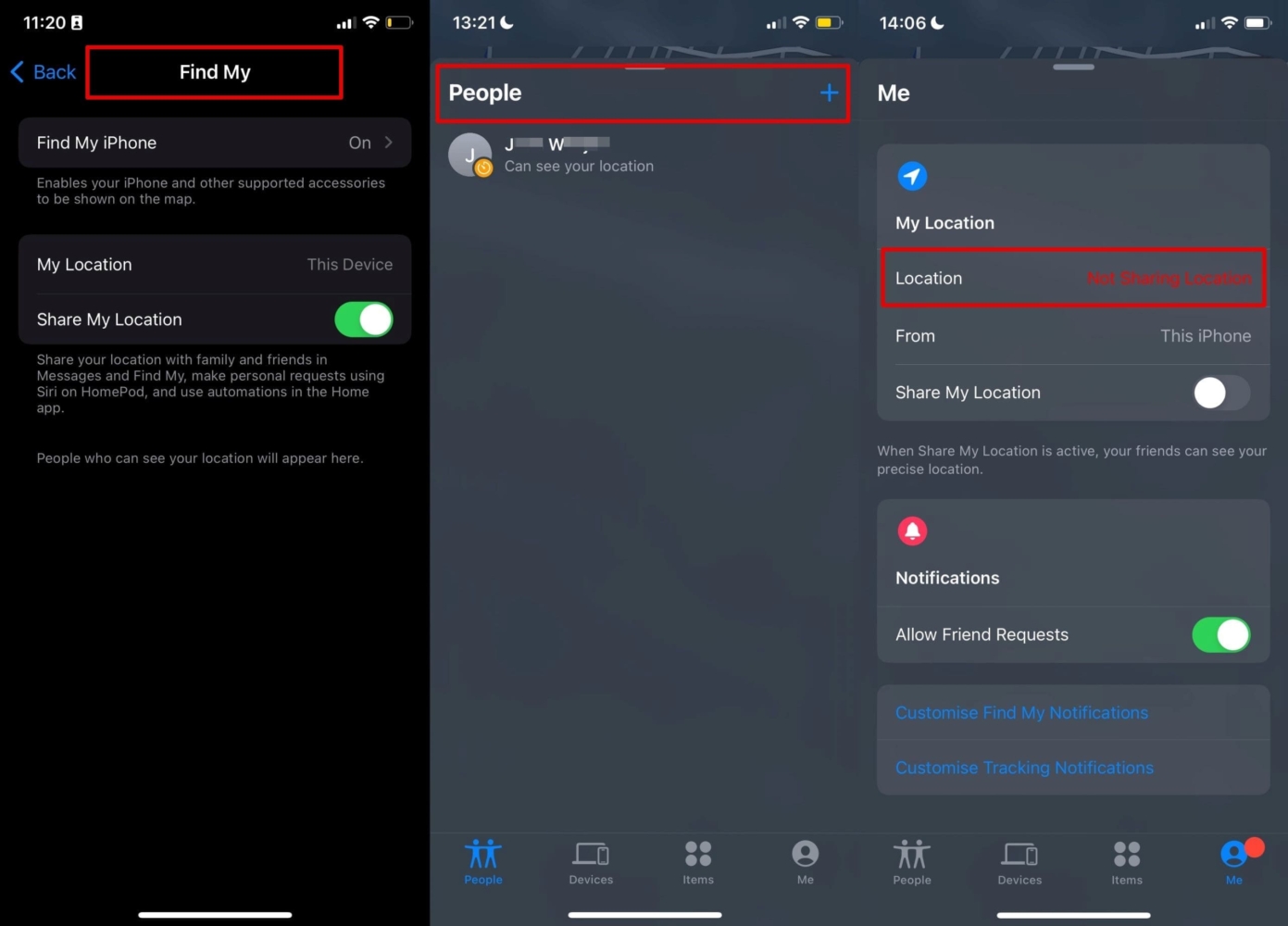 Une image permettant de vérifier avec qui vous partagez votre position sur l'application Find My