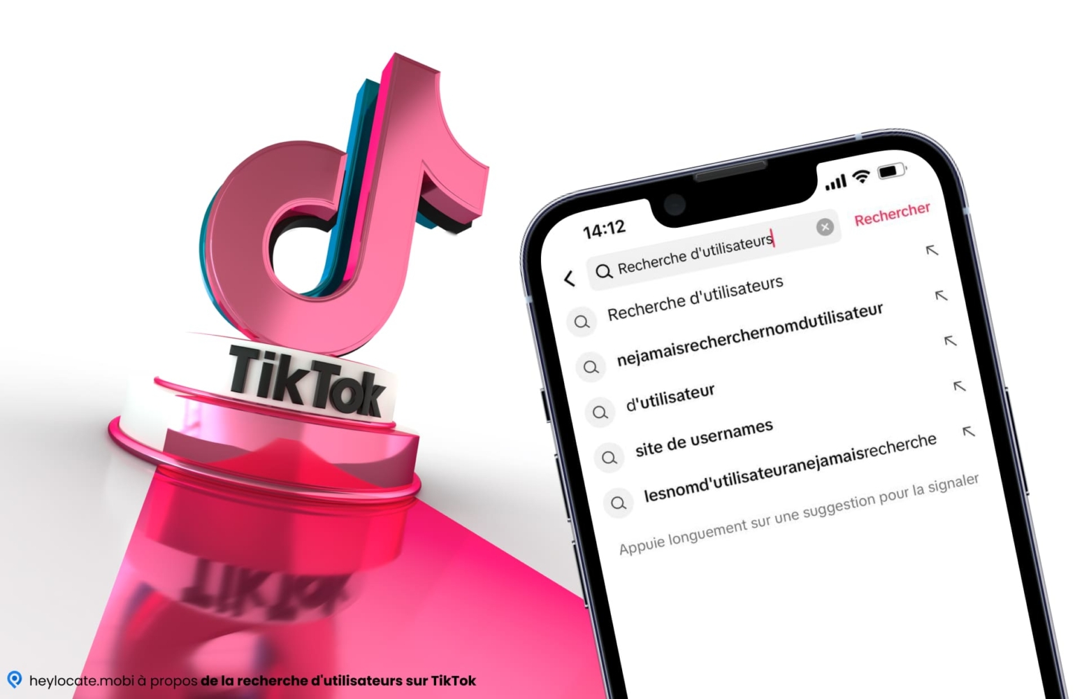 Cette image illustre le concept de recherche d'utilisateurs sur la plateforme TikTok. L'avant-plan montre l'écran d'un téléphone portable avec "User Search" dans la barre de recherche et diverses options de recherche et de prévisualisation de l'utilisateur. L'arrière-plan représente le logo de TikTok dans des couleurs roses et bleues vives. L'ensemble de l'image est moderne et orienté vers le numérique.