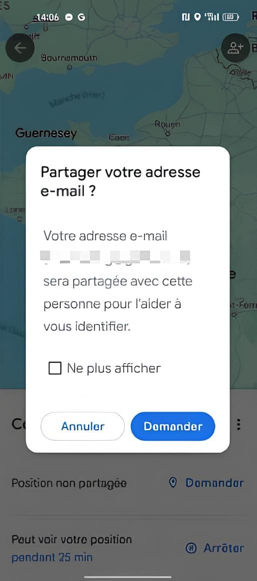 Image d'une demande de partage de position Google Maps