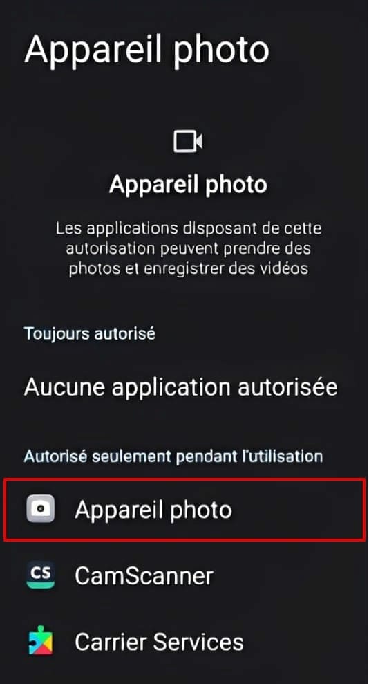 Image des autorisations de l’appareil photo sur Android