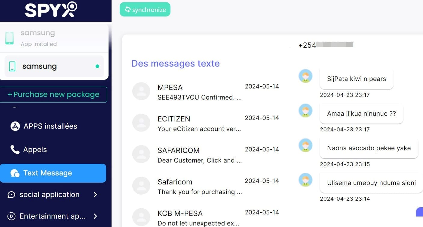 Capture d'écran de l'option de surveillance des messages de SpyX