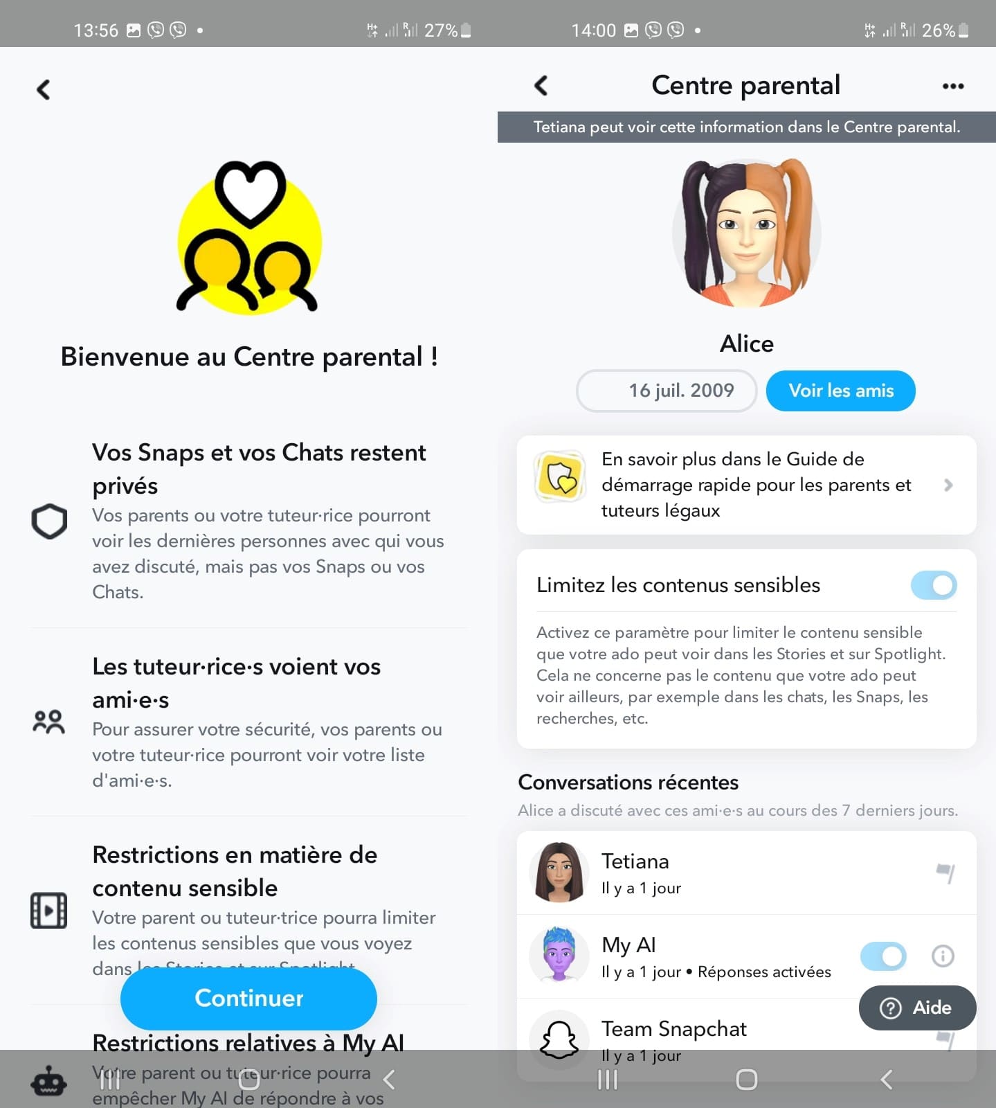 Notifier à Family Center Snapchat les informations que le parent voit