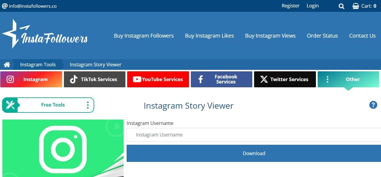 Page d'accueil du site web Instafollowers pour la visualisation des stories Instagram