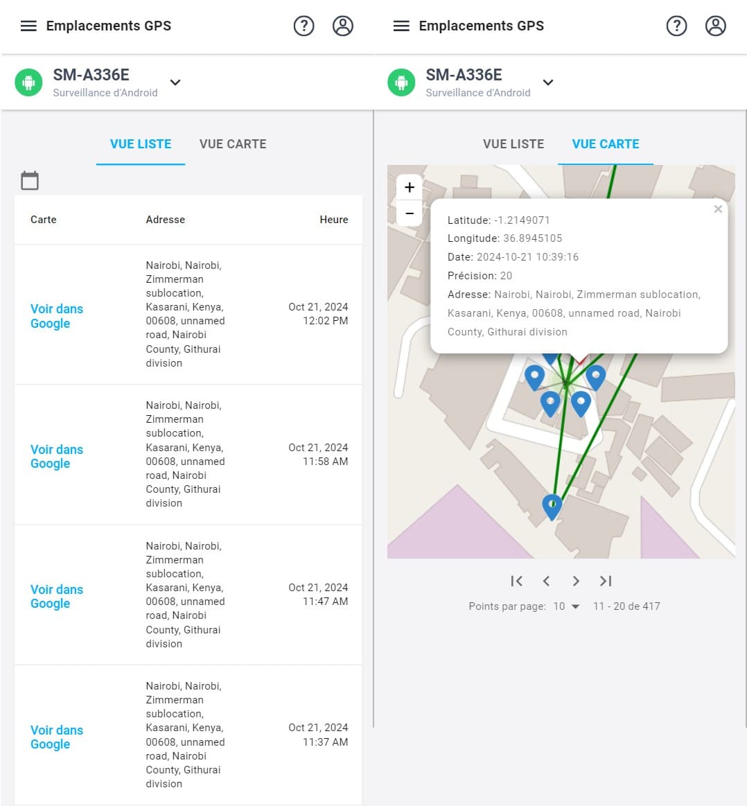 Une liste des visites récentes avec les coordonnées et l'adresse, ainsi qu'un point sur la carte