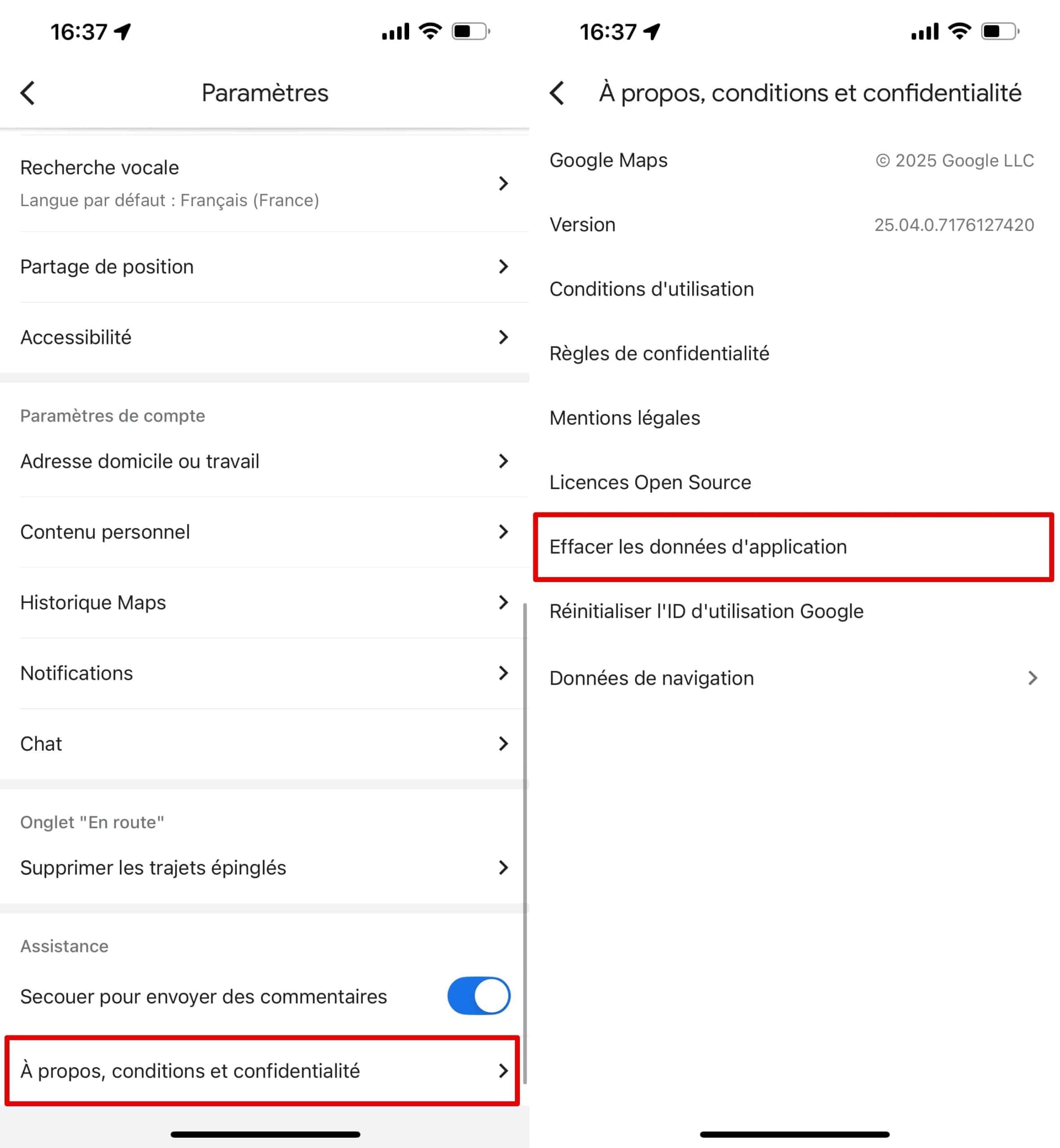 Pour effacer le cache, cliquez sur À propos, conditions et confidentialité - Effacer les données de l'application dans les paramètres de Google Maps
