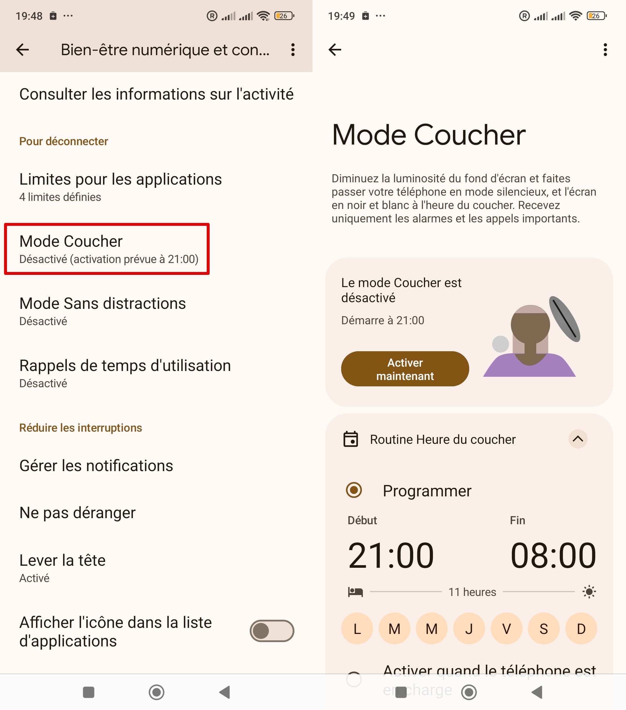 Paramètre de configuration de l'heure dans la fonction bien-être numérique sur le téléphone Xiaomi
