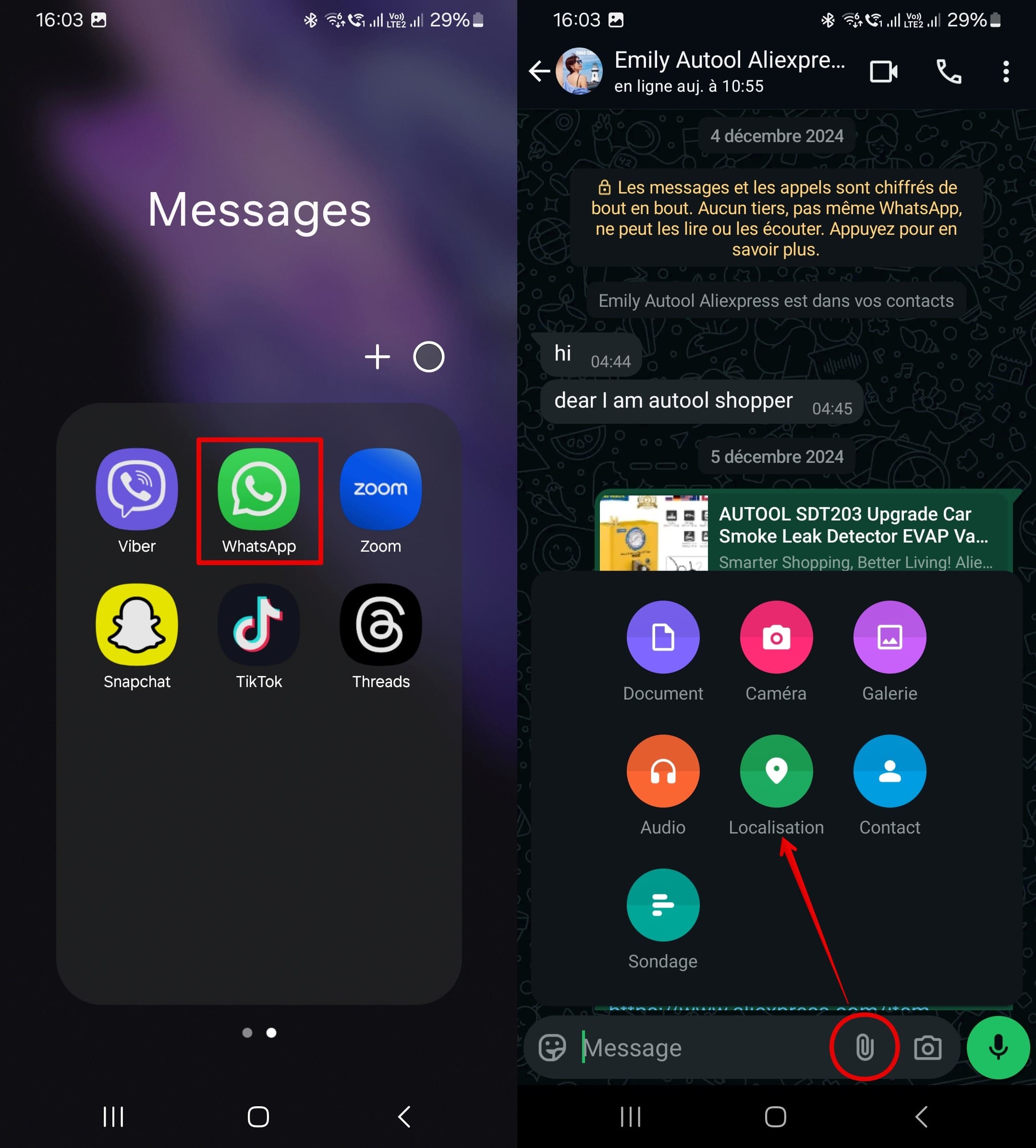Pour partager un lieu dans whatsapp, allez dans l'application whatsapp - à côté du champ de message, cliquez sur l'icône en forme de trombone - cliquez sur Lieu