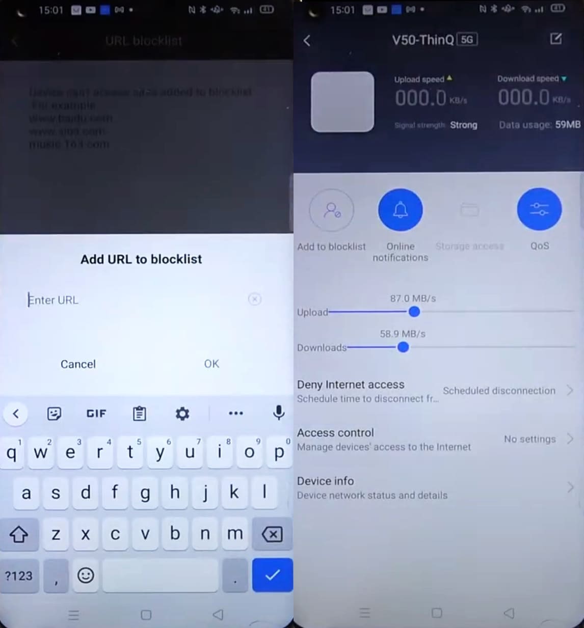 Capture d'écran montrant le contrôle parental et l'interface de gestion du réseau d'un routeur Xiaomi