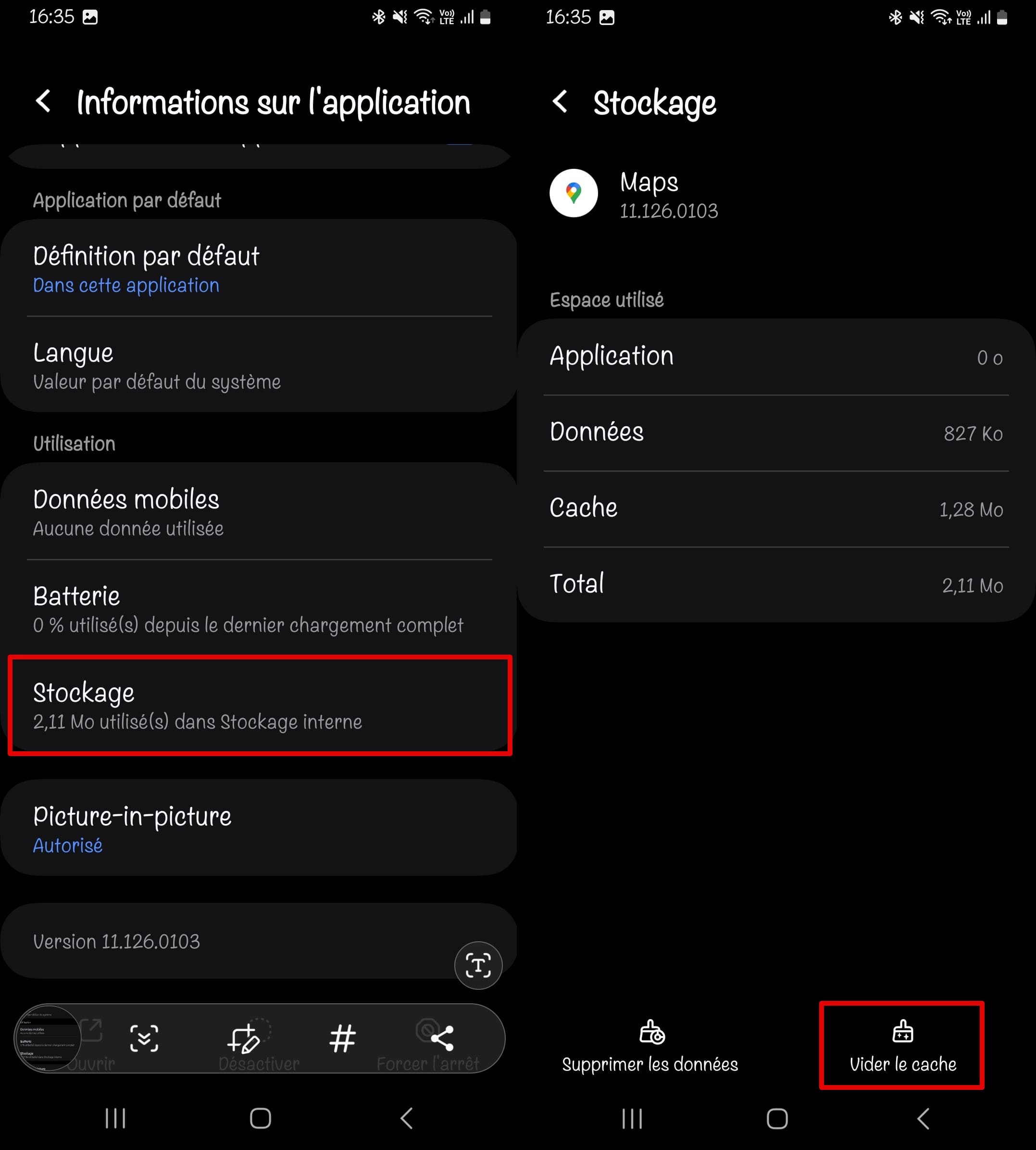 Marche à suivre pour vider le cache de Maps via Paramètres, App, et Stockage de Maps