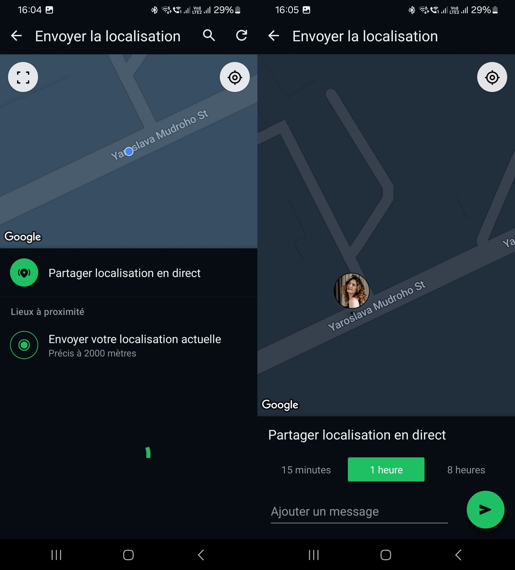 Pour partager un lieu dans whatsapp, allez dans l'application whatsapp - à côté du champ de message, cliquez sur l'icône en forme de trombone - cliquez sur Lieu