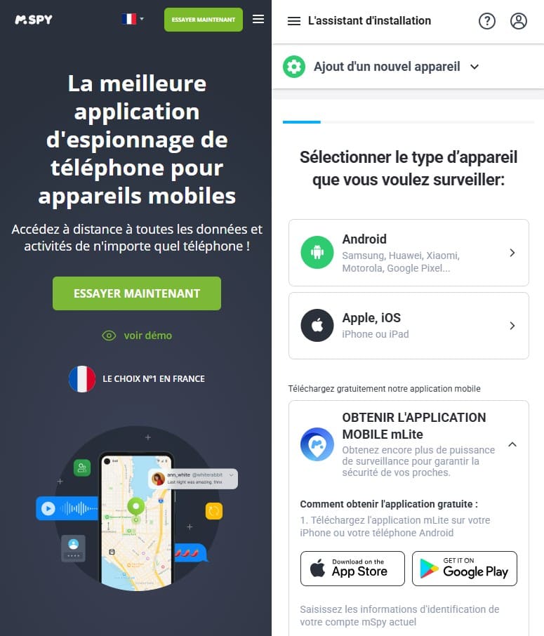 Capture d'écran de la page d'accueil du site mSpy et sélection d'un téléphone cible (android ou apple-ios)