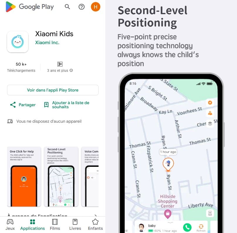 L'application Xiaomi Kids sur Google Play et l'interface de l'application avec une carte