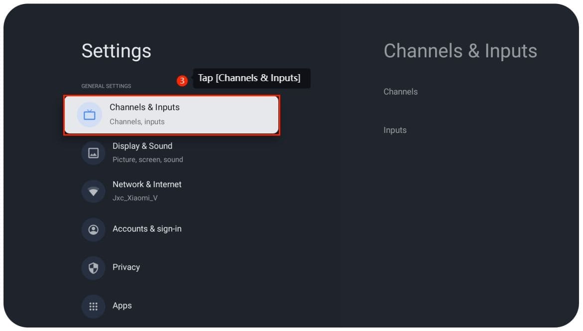 Les chaînes de télévision Xiaomi et les paramètres d'entrée pour configurer le contrôle parental