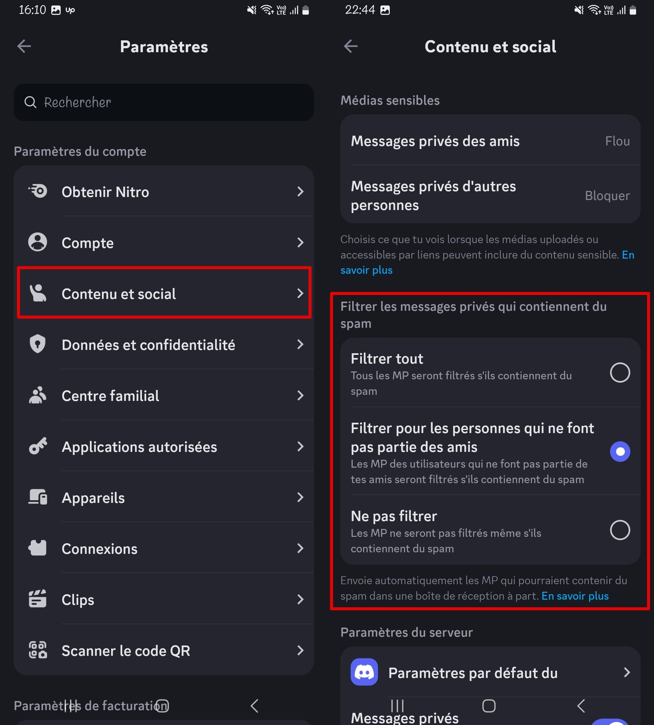 contenu social et sécurité dans Discord options de filtrage du spam dans les messages directs, paramètres de confidentialité par défaut du serveur et partage des statuts d'activité