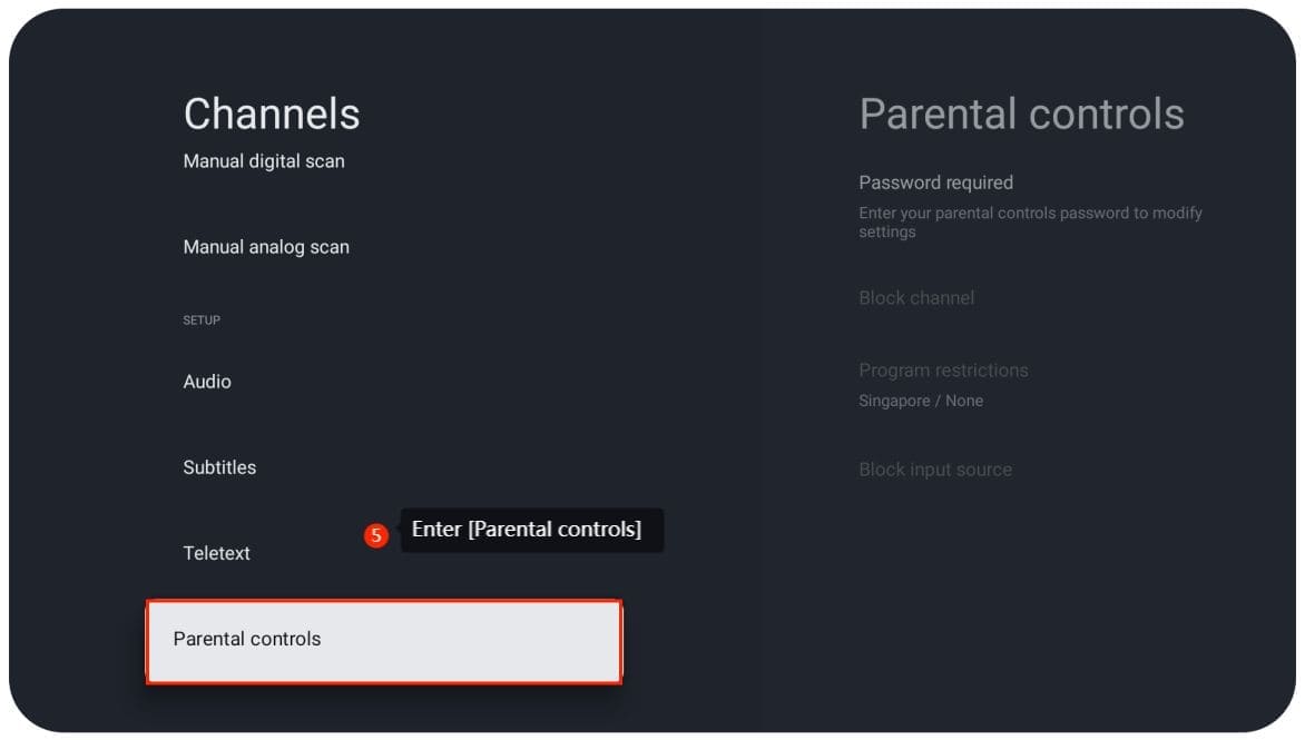 Sélection de l'option Chaînes dans le contrôle parental sur Xiaomi Mi TV