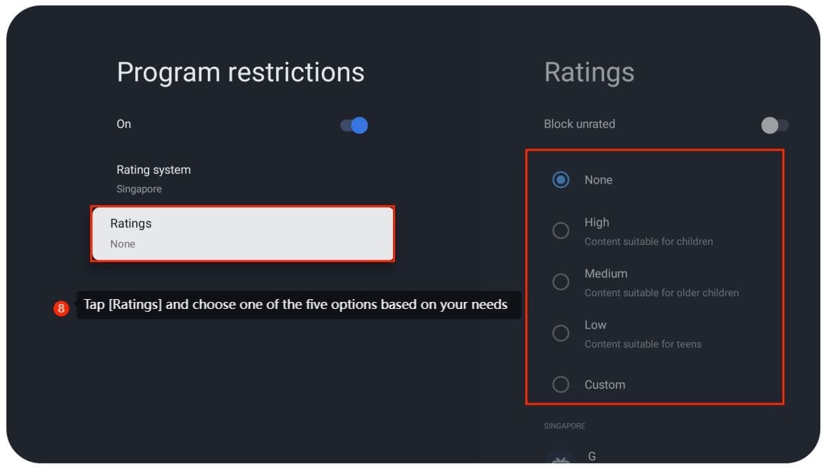 Fonction de contrôle de la classification des restrictions des programmes de la TV Xiaomi