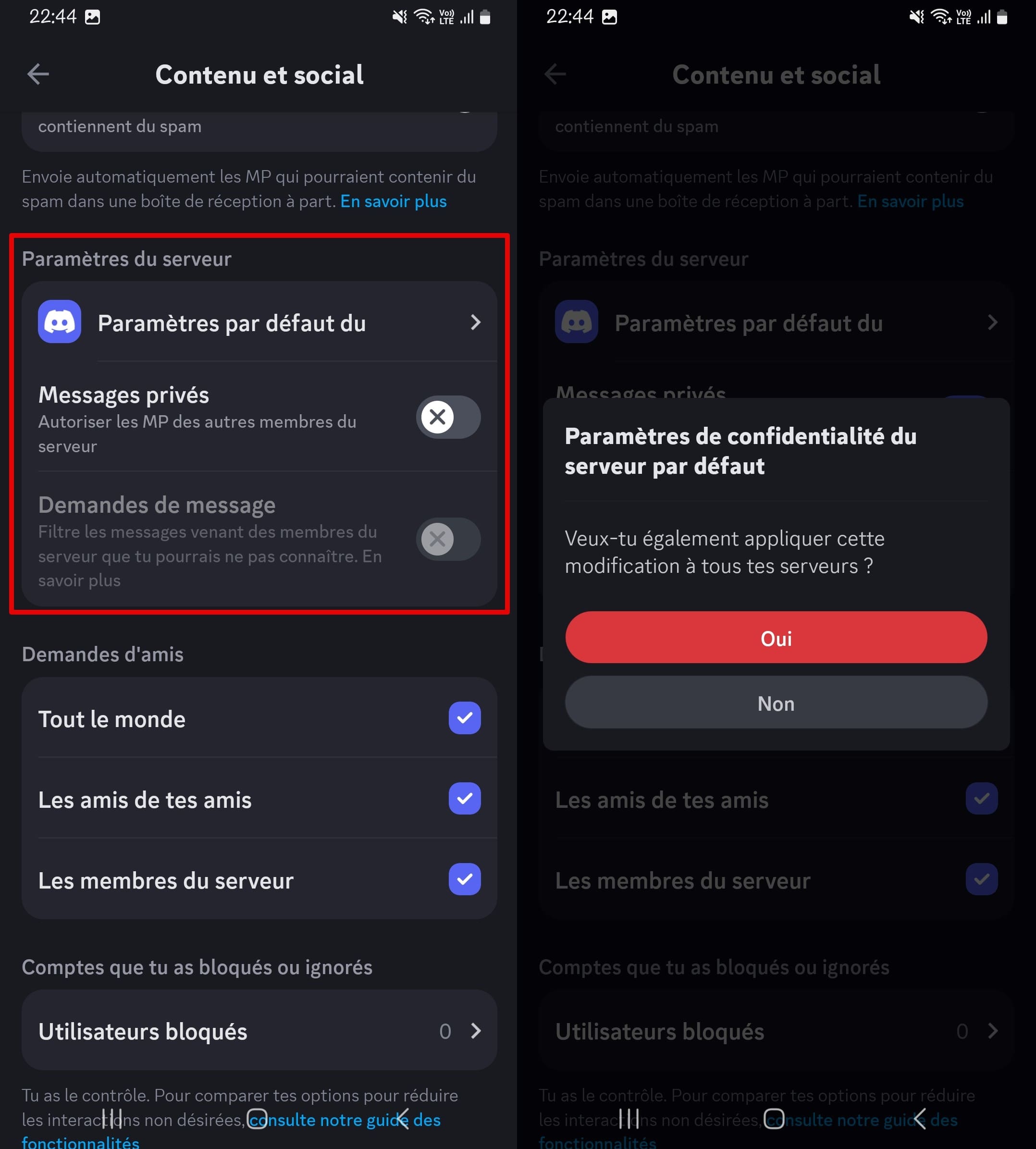 Paramètres de confidentialité par défaut du serveur dans Discord qui permet aux utilisateurs d'activer ou de désactiver les messages directs des membres du serveur et d'appliquer les changements à tous les serveurs existants