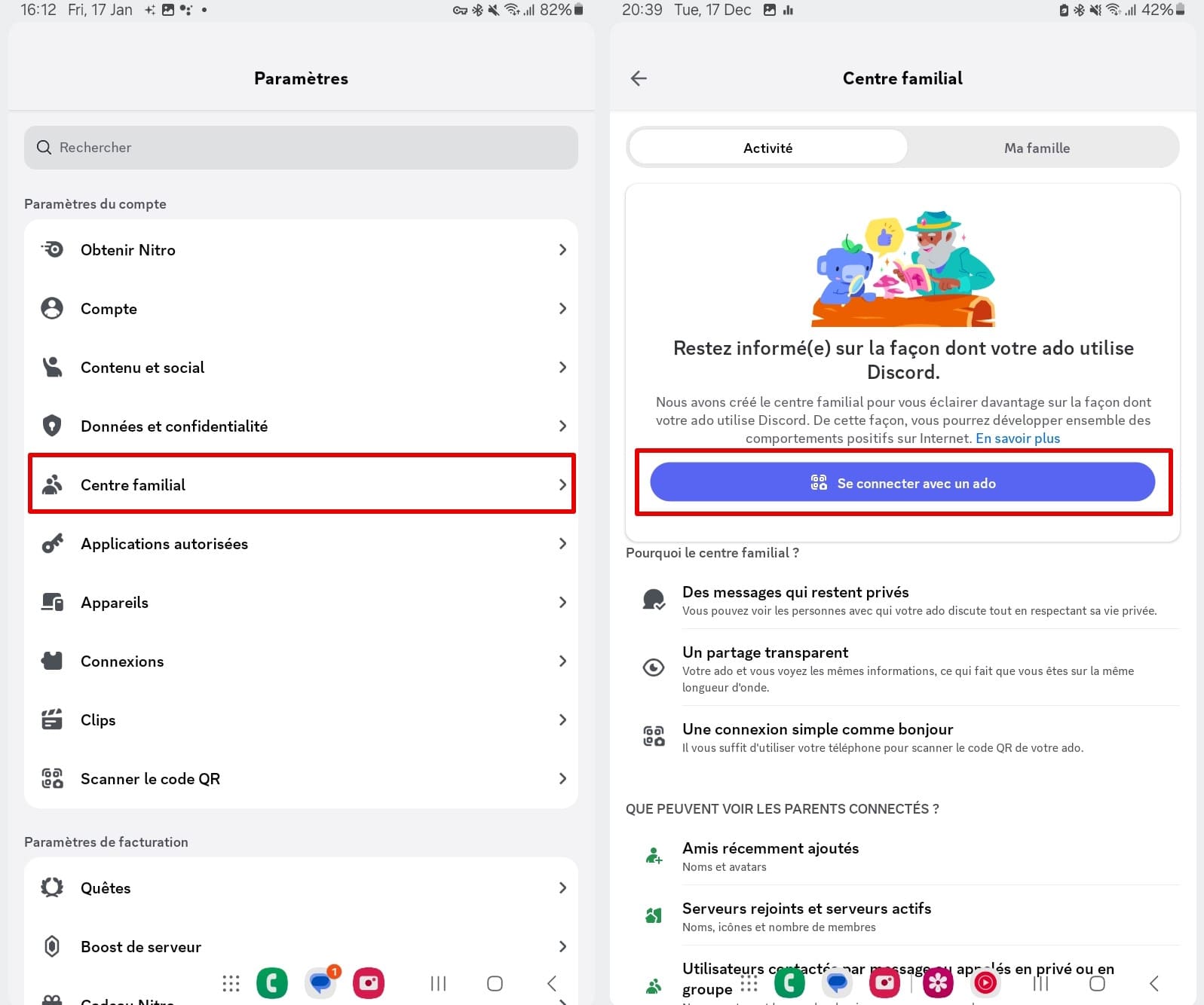 Capture d'écran montrant la fonction « Family Center » dans les paramètres de Discord, avec des options permettant de connecter le compte d'un parent à celui d'un adolescent afin de surveiller leur activité tout en respectant la vie privée