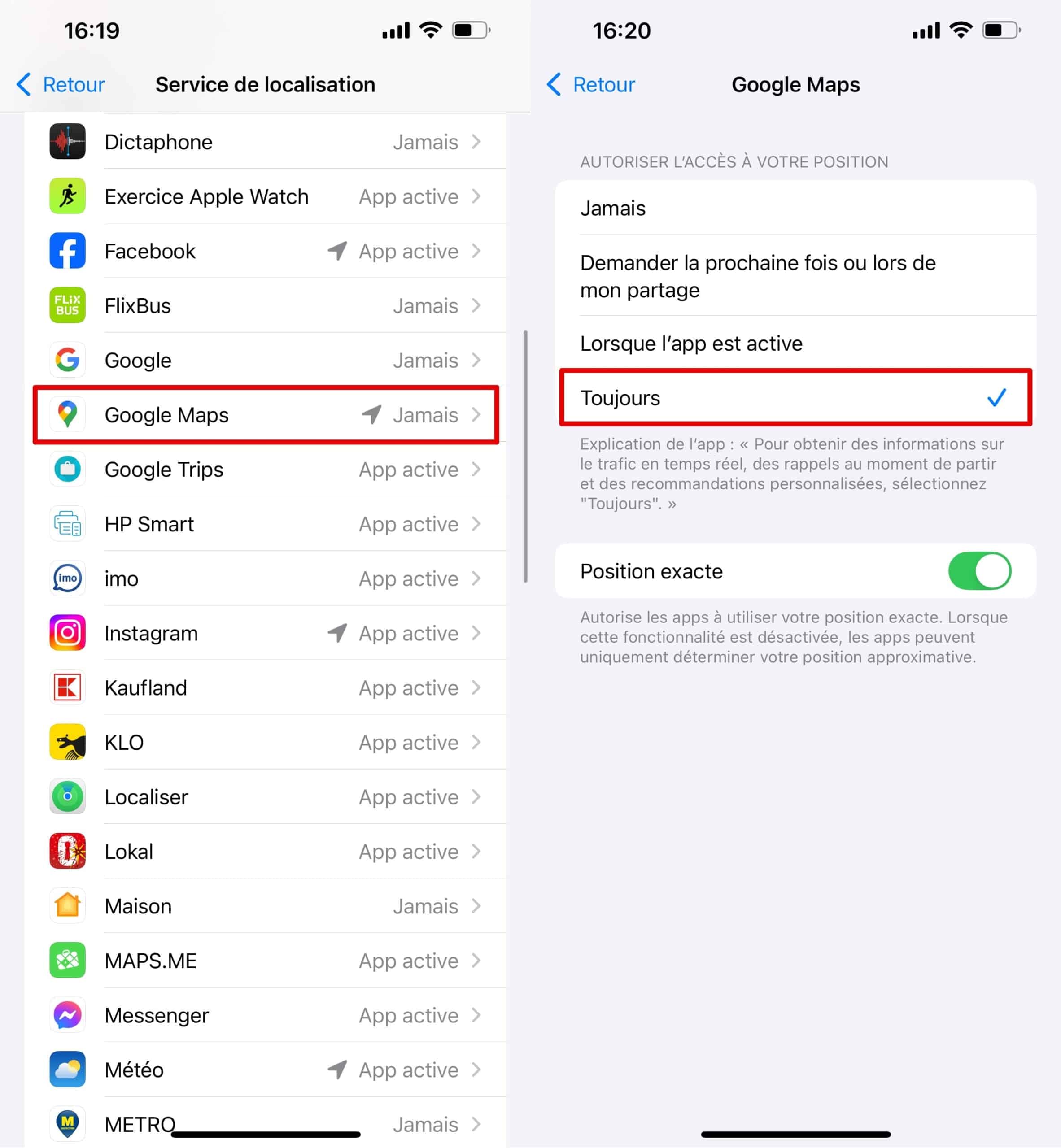 Dans l'onglet Services de localisation, sélectionnez l'application Google Maps, puis l'option Toujours
