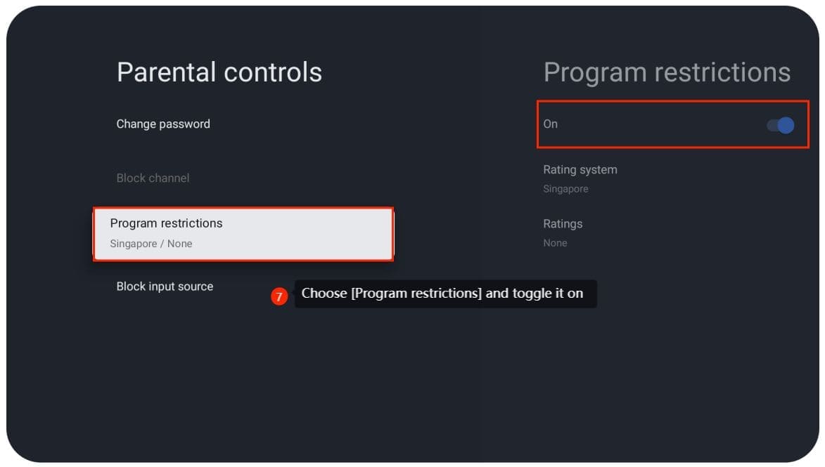 Le paramètre de contrôle parental de la TV Xiaomi avec la fonctionnalité de restrictions de programme