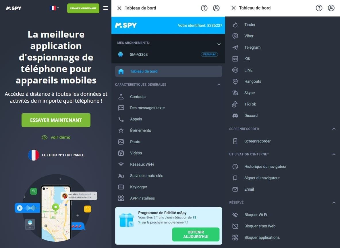 Capture d'écran du site web et du tableau de bord de mSpy présentant les fonctionnalités de surveillance des appareils mobiles. Le site web met en avant les capacités de surveillance à distance de mSpy, et le tableau de bord énumère des fonctionnalités telles que les contacts, les messages texte, les appels, le suivi des médias sociaux, les emplacements GPS et les restrictions d'accès à Internet