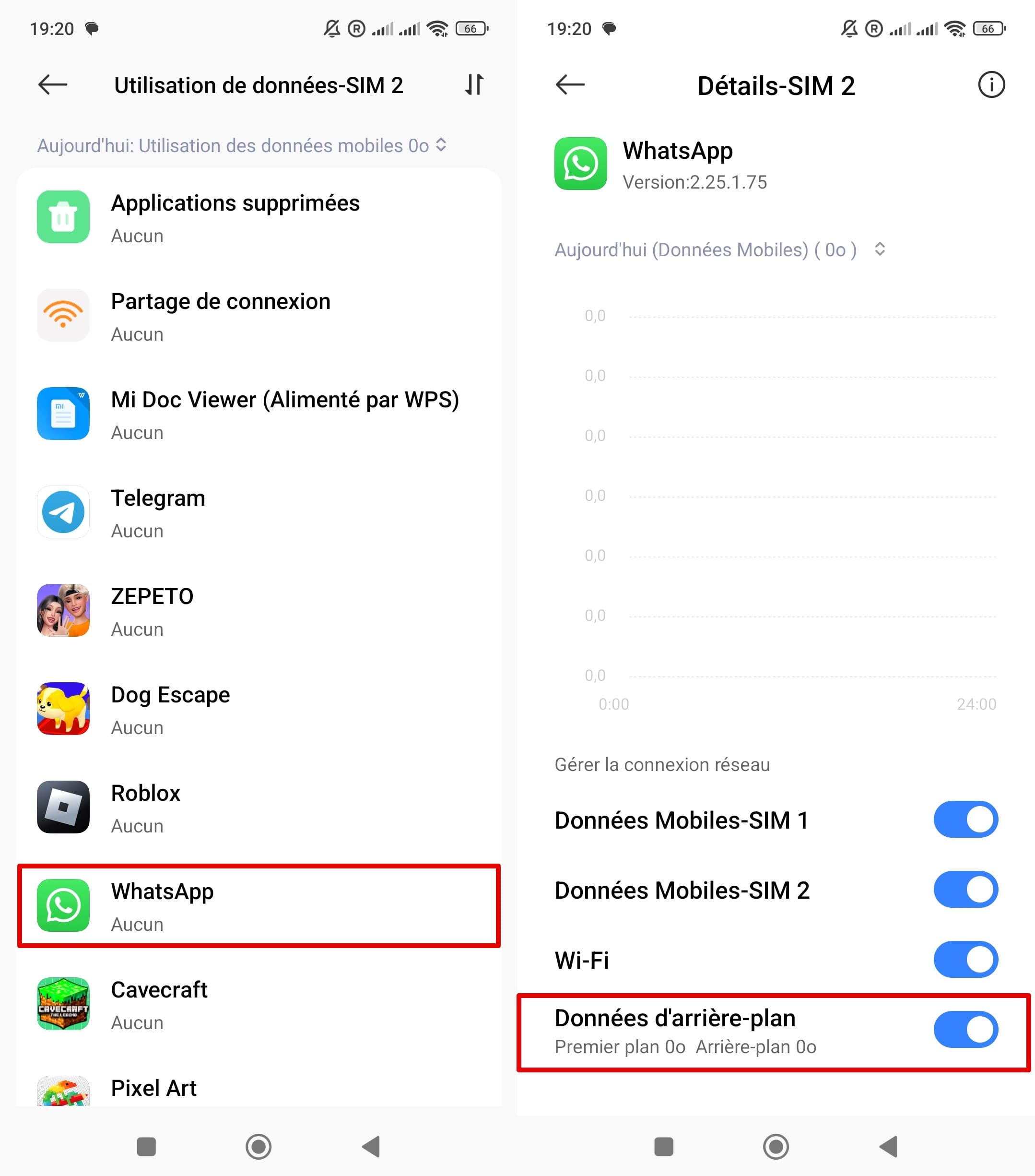 Ouvrez l’application WhatsApp dans la liste de l’utilisation de données et activez le curseur des données en arrière-plan.