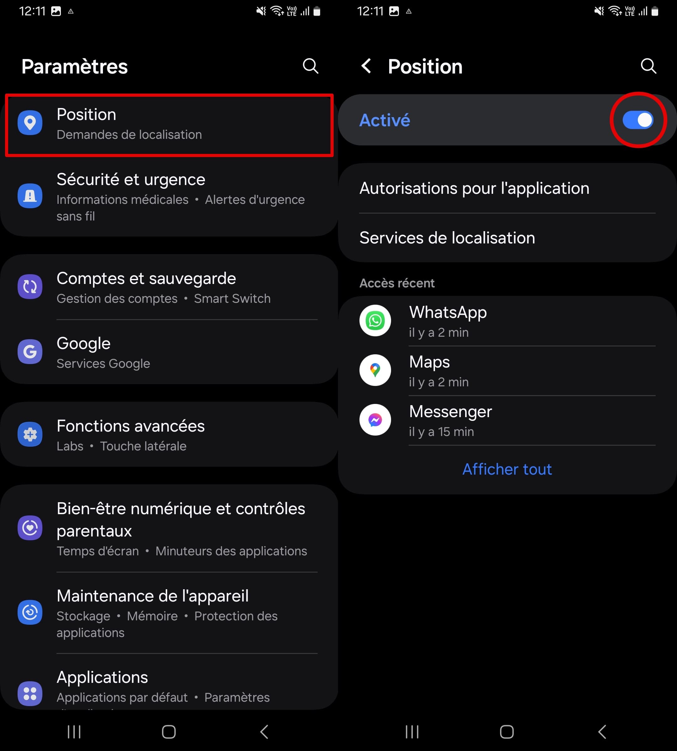 Ouvrez les paramètres - localisation puis cliquez sur le curseur pour activer la localisation sur un Android.