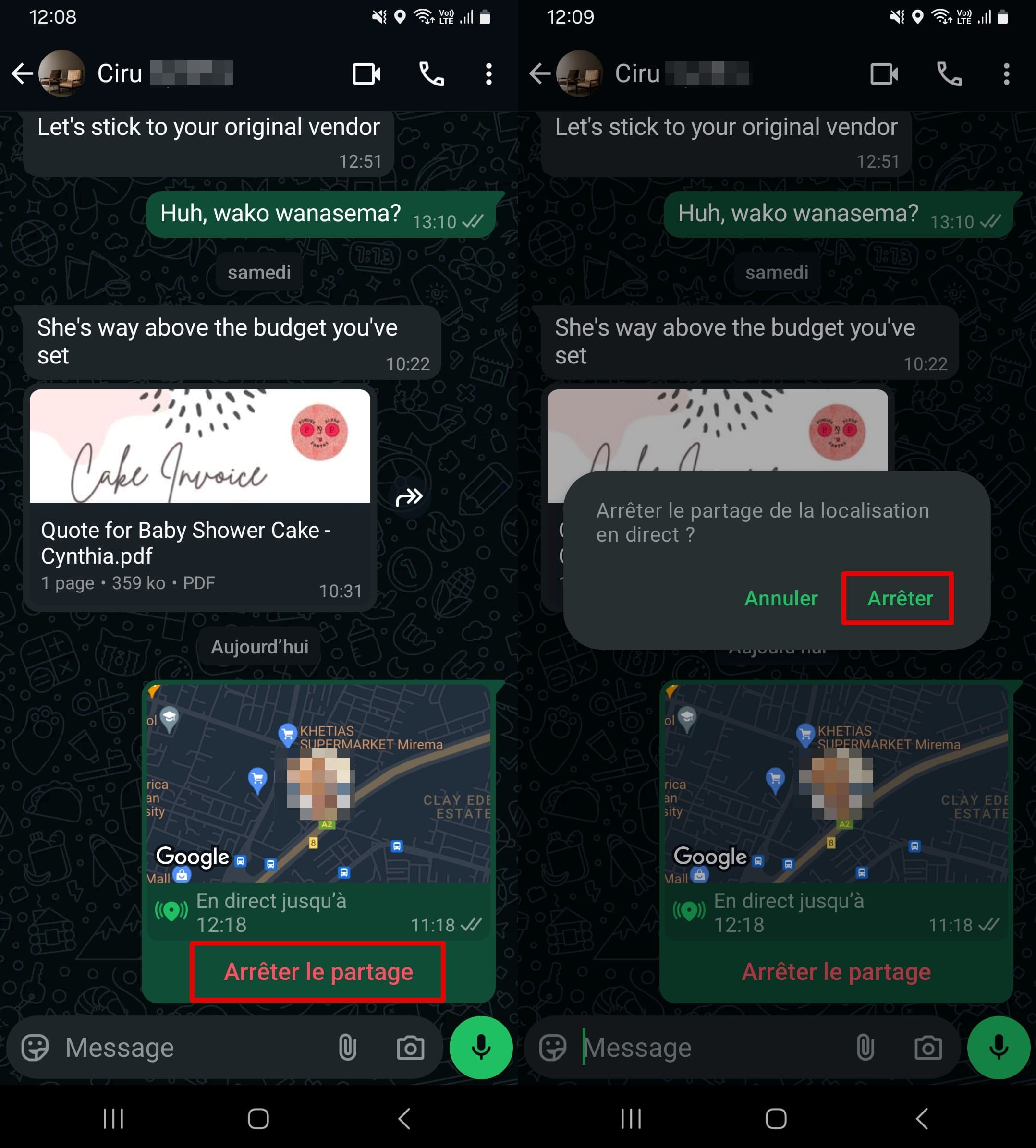 Cliquez sur arrêter le partage de localisation pour arrêter le partage de localisation sur WhatsApp.
