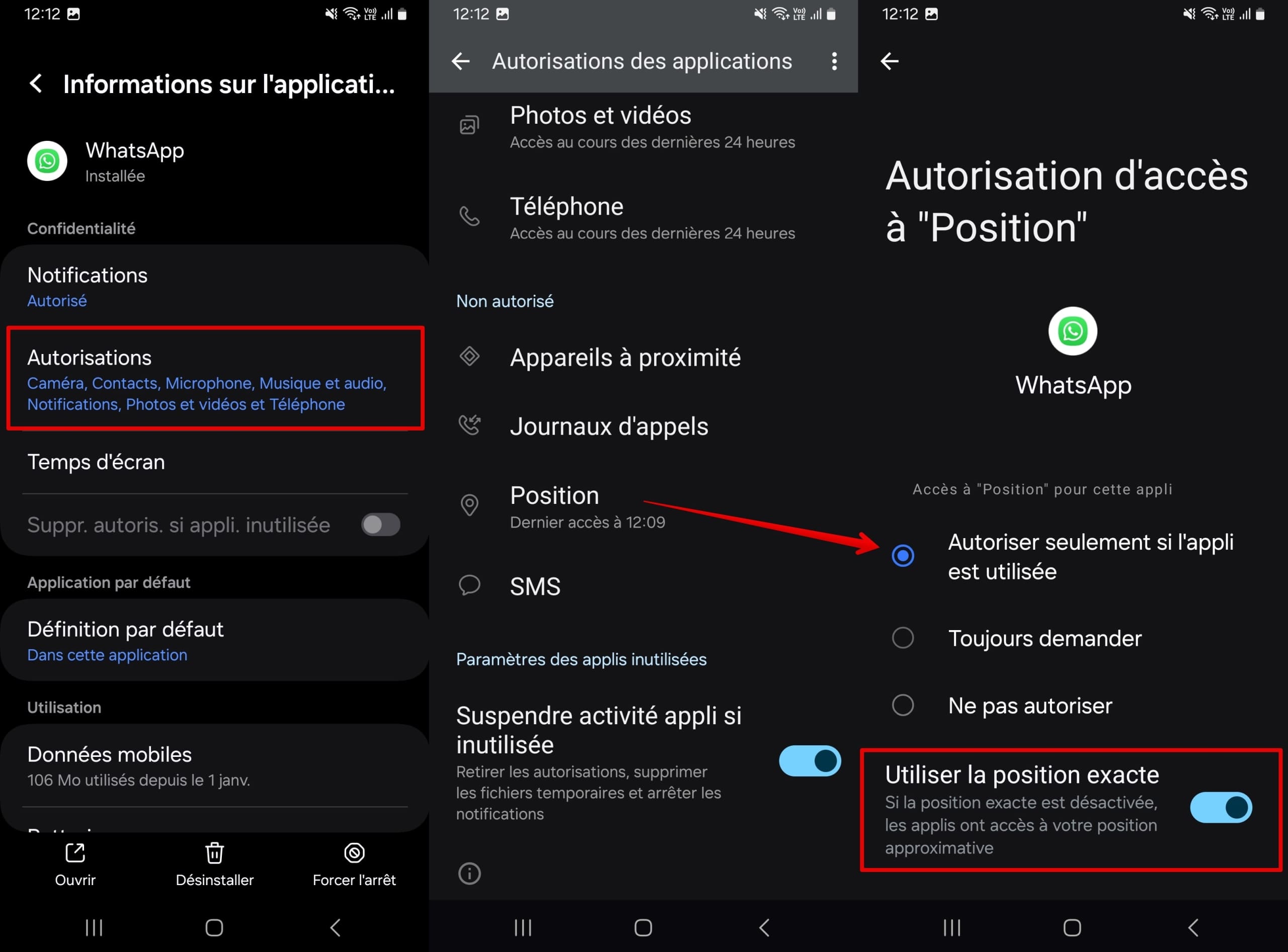 Cliquez sur Autorisations WhatsApp - Localisation - Autoriser seulement si l’appli est utilisée.