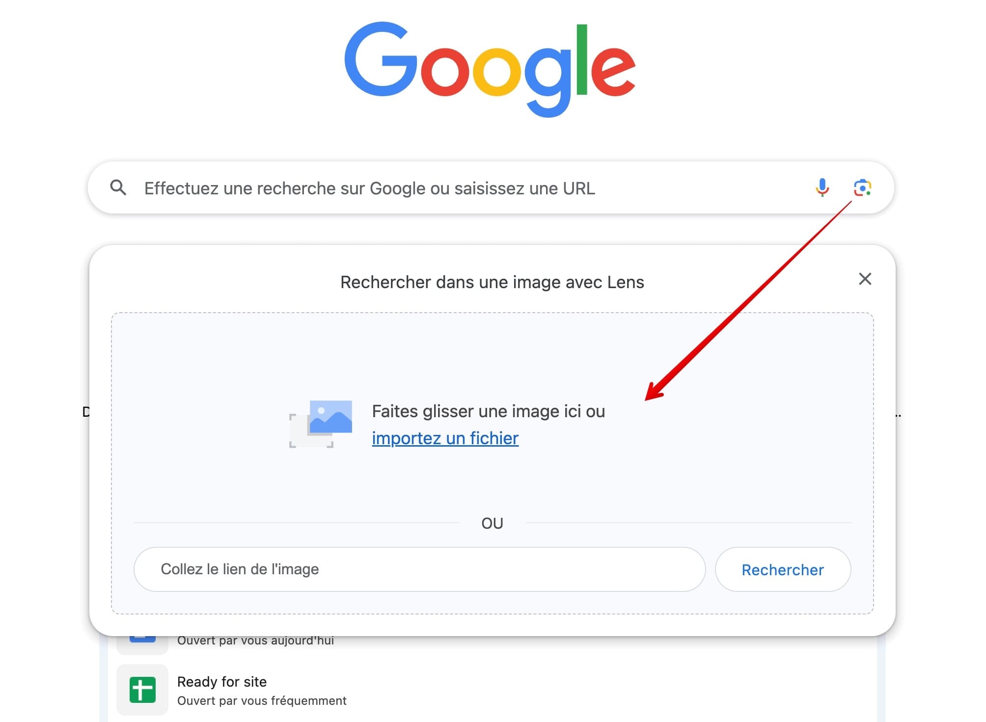 Cliquez sur l'icône de l'appareil photo à côté du champ de recherche et téléchargez une photo.